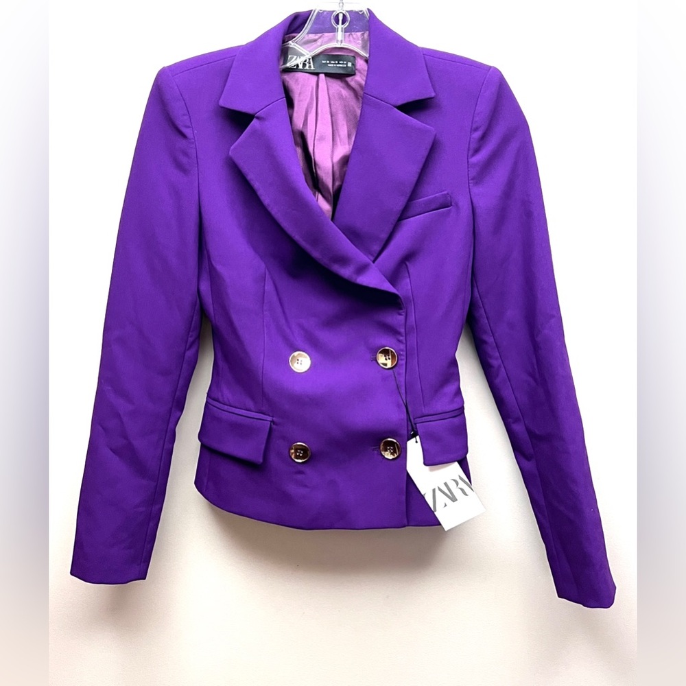 ZARA Double Breasted Crop Long Sleeve Purple Blazer Jacket XS NWT - Picture 3 of 11